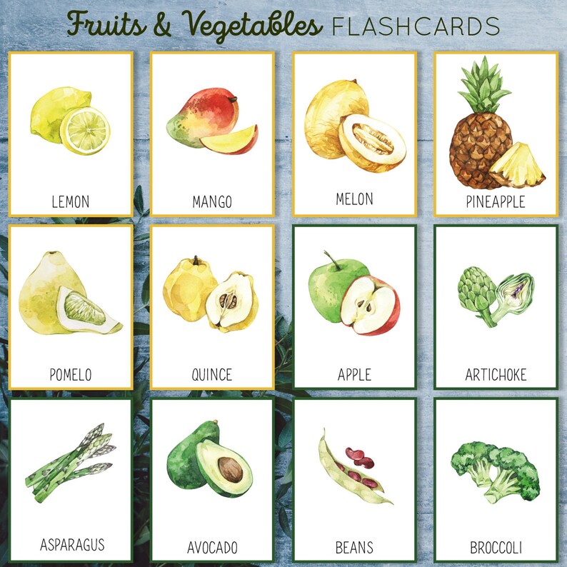 May include: A set of 12 watercolor flashcards featuring fruits and vegetables. Each card has a colorful illustration of a different fruit or vegetable, with the name printed below. The cards are arranged in a grid of four rows and three columns.