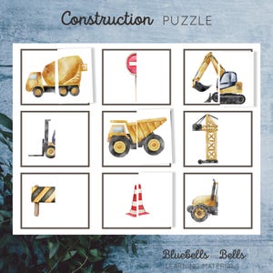 Könnte beinhalten: Bau-Puzzle mit neun Karten, die Aquarell-Illustrationen von Baufahrzeugen und -geräten zeigen, darunter ein Betonmischer, ein Bagger, ein Gabelstapler, ein Kipplaster, ein Kran, ein Stoppschild, ein Verkehrskegel und ein Bauschild.
