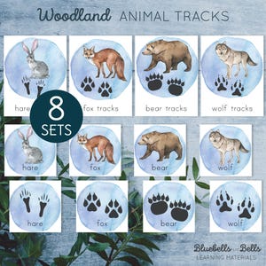 Flashcards de pegadas de animais da floresta de inverno. Imprimível de inverno Montessori. Atividade de correspondência pré-escolar.