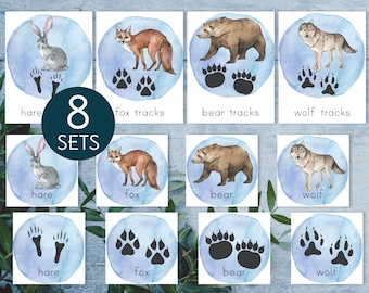 Winter woodland animal tracks flashcards. Montessori winter printable. Preschool matching activity.