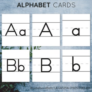 Cartes alphabet ligné. Cartes lettres Montessori simples.