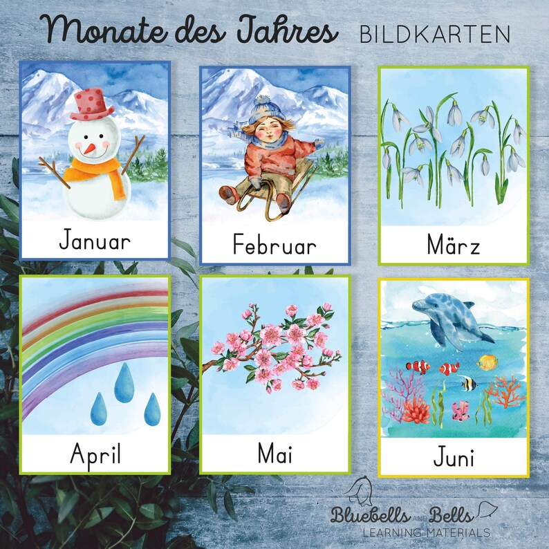 Monate des Jahres Bildkarten und Poster. Kindergarten und Vorschule druckbare Lernkarten. image 2