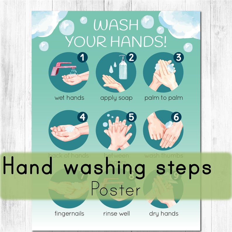 Hand washing steps poster. Classroom printable wall art. Playroom educational poster. image 1