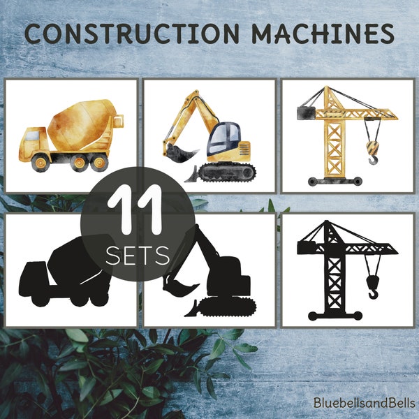 Construction machines Shadow matching cards. Toddler printable activity.