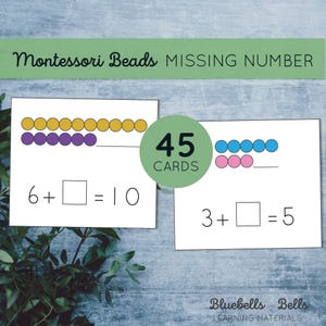 May include: A set of 45 Montessori bead cards for teaching math. Each card features a row of colorful beads and a corresponding addition equation with a missing number. The text on the cards reads "6 +  = 10" and "3 +  = 5".