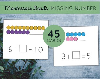 Könnte beinhalten: Ein Satz von 45 Montessori-Perlenkarten zum Unterrichten von Mathematik. Jede Karte zeigt eine Reihe bunter Perlen und eine entsprechende Additionsgleichung mit einer fehlenden Zahl. Der Text auf den Karten lautet "6 +  = 10" und "3 +  = 5".