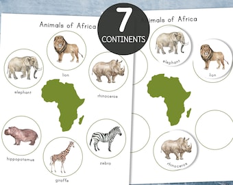 Affiches animaux des continents et activité de tri. Jeu de géographie préscolaire et maternelle imprimable Montessori.