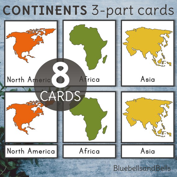 Continents Montessori Printable 3 Part Cards. Etsy