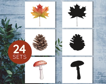 Autumn shadow matching Montessori printable. Fall nature activity preschool printable. Montessori matching cards toddler printable.