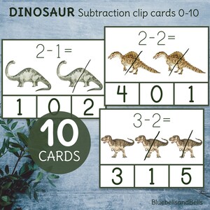 Conteggio dei dinosauri e carte clip Sottrazione 0-10. Attività di matematica per la scuola dell'infanzia Montessori.