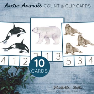 Arctische dieren tellen en knippen kaarten van 1-10. Wintervoorschoolse wiskundeactiviteit. Montessori afdrukbaar.