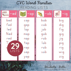 Listes de lecture des familles de mots CVC. Série Montessori rose imprimable.