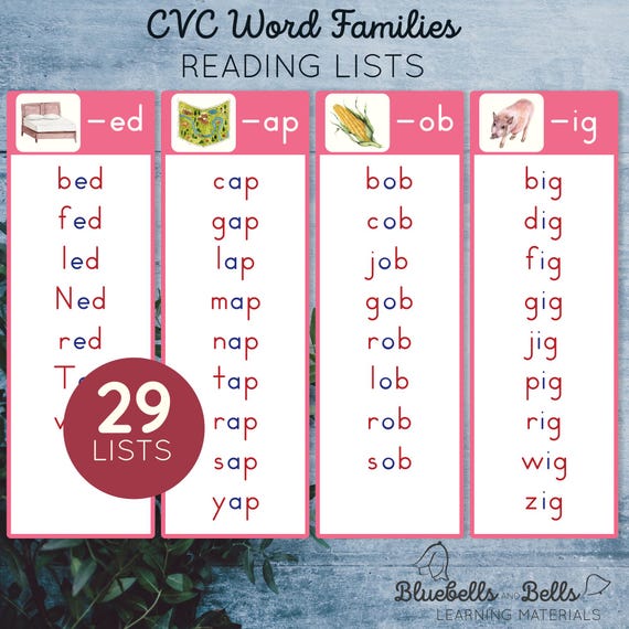 CVC Word Families reading lists. Montessori Pink series printable.