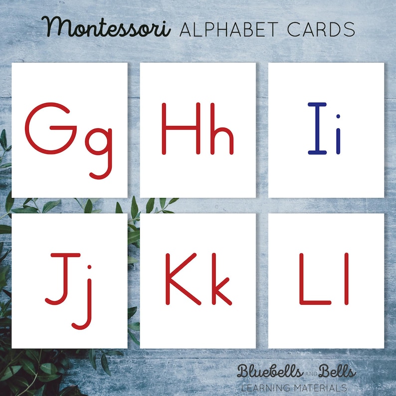 May include: Six white cards with red and blue letters on them. The letters are Gg, Hh, Ii, Jj, Kk, and Ll. The cards are part of a Montessori alphabet set.