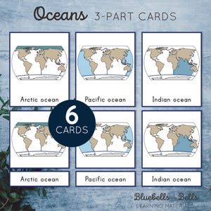 Schede in 3 parti sugli oceani del mondo. Attività di geografia Montessori stampabile per la scuola materna e l'asilo.
