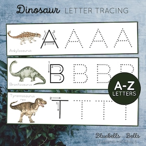 Dinosaurus Alfabetkaarten Overtrekletters. Voorschoolse Montessori-handschrift afdrukbaar.