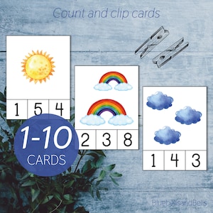 Compte météo et cartes à clips 1-10. Printemps préscolaire imprimable. Activité mathématique en maternelle.