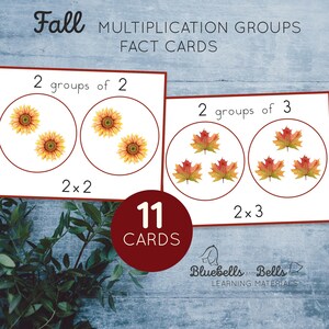 Fiches d'information imprimables sur les groupes de multiplication pour l'automne. Cartes flash de mathématiques pour la 1re année.