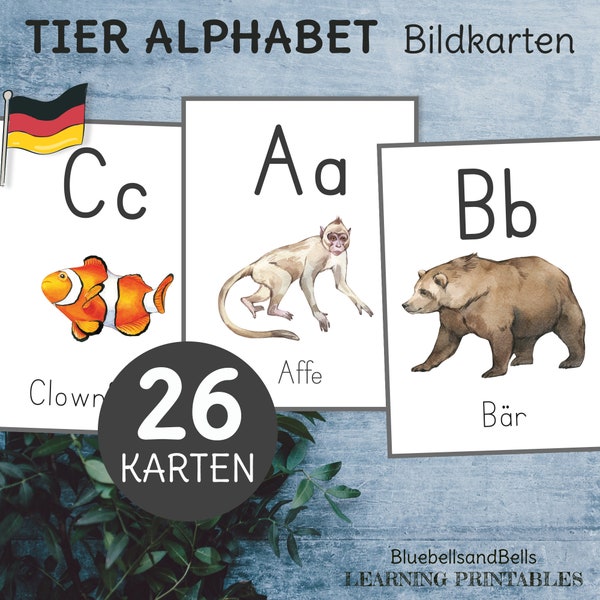 Tier Alphabet Bildkarten. Buchstaben Anlaute Lernkarten. Sprachmaterial Deutsch.