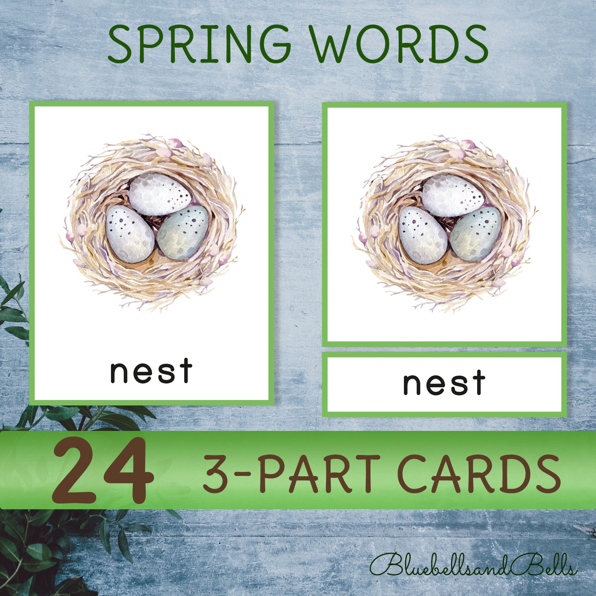 Spring vocabulary activity for preschool and kindergarten. Spring Montessori printable 3-part cards