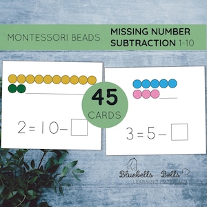 Può includere: Un set di 45 carte di sottrazione Montessori con perline per bambini. Ogni carta presenta una rappresentazione colorata di perline di un problema di sottrazione con un numero mancante. Il testo "MISSING NUMBER SUBTRACTION 1-10" è in alto nell'immagine.