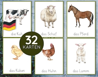 Bauernhoftiere Bildkarten. Lernkarten Deutsche Sprache für Kleinkinder und Vorschule.