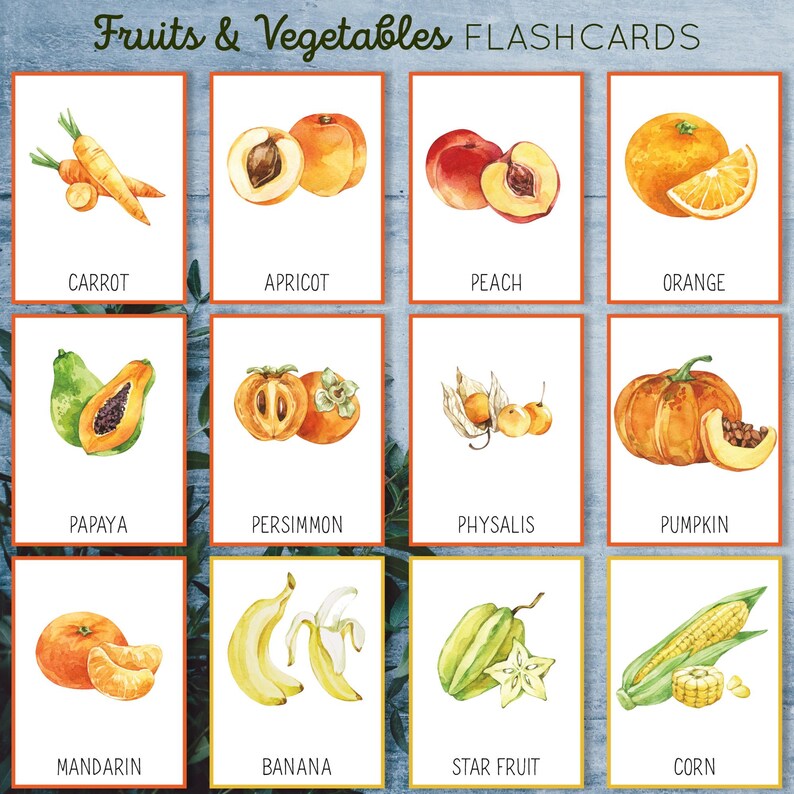 May include: A set of 12 watercolor flashcards featuring various fruits and vegetables, including a carrot, apricot, peach, orange, papaya, persimmon, physalis, pumpkin, mandarin, banana, star fruit, and corn.