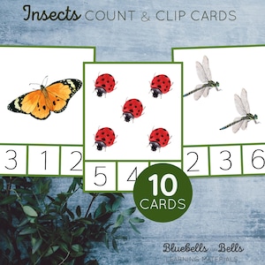 Tarjetas para contar insectos y recortar del 1 al 10. Actividad imprimible de matemáticas de verano Montessori.