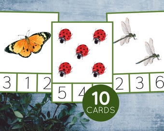 Insect count and clip cards 1-10. Montessori summer math printable activity.
