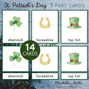 Cartes Montessori imprimables en 3 parties pour la Saint-Patrick. Activité de vocabulaire du printemps pour la maternelle et la maternelle.