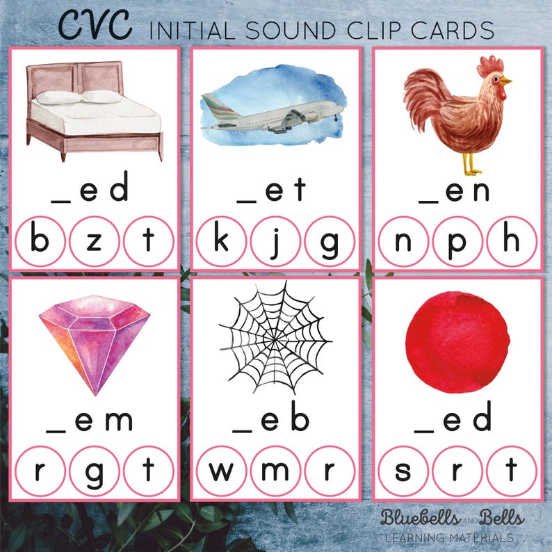May include: A set of CVC initial sound clip cards for early literacy learning. The cards feature colorful illustrations of a bed, airplane, rooster, diamond, spider web, and a red circle. Each card has a blank line followed by the letters 'ed', 'et', 'en', 'em', 'eb', or 'ed'. Below the blank line are three circles with letters inside, such as 'b', 'z', 't', 'k', 'j', 'g', 'n', 'p', 'h', 'r', 'g', 't', 'w', 'm', 'r', 's', 'r', 't'.