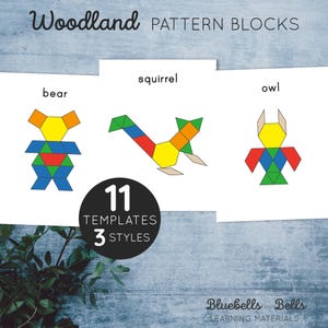 May include: Three printable pattern block templates featuring a bear, squirrel, and owl. The templates are labelled with the animal name and are designed for use with pattern blocks. The text "11 Templates 3 Styles" is also included.