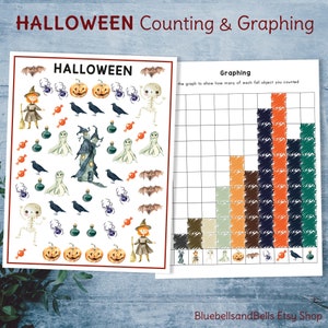 Halloween preschool printable graphing worksheets. Fall Montessori I spy math activity 1-10.