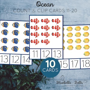 Carte da conteggio e clip dell'oceano 11-20. Matematica prescolare stampabile. Attività di conteggio dei pesci per la scuola domestica.