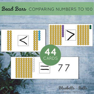 Puede incluir: Un conjunto de 44 tarjetas educativas para comparar números hasta 100. Cada tarjeta presenta una representación de barra de cuentas de un número y un símbolo de comparación (<, > o =). Las tarjetas están diseñadas para ayudar a los niños a aprender sobre las relaciones entre los números y desarrollar sus habilidades matemáticas.