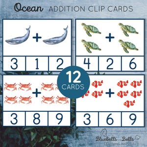 Ocean Count and clip cards Addition. Montessori math printable. Preschool and kindergarten summer activity.