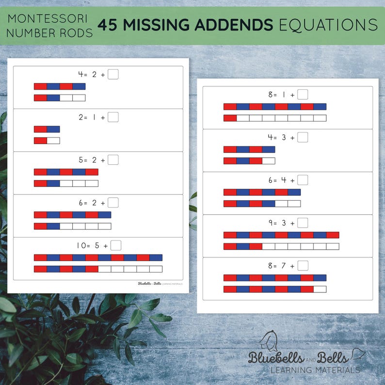 Montessori number rods Addition printable. Missing addend equation worksheets. Subtraction to ten 1st grade and Kindergarten math printable. image 4