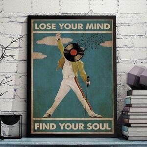 Poster o tela con citazione "Perdi la testa e trova la tua anima", poster fan art dei Queen, poster regalo per hobby musicali, poster per amanti del rock