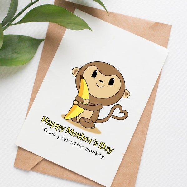 Monkey card for Mothers Day, cute card for mom, mothers day card from child, card for first time mom, little monkey card for mama