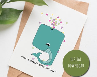 PRINTABLE Whale birthday card, ocean first birthday, under the sea birthday card child, toddler birthday card cute, whale theme gift