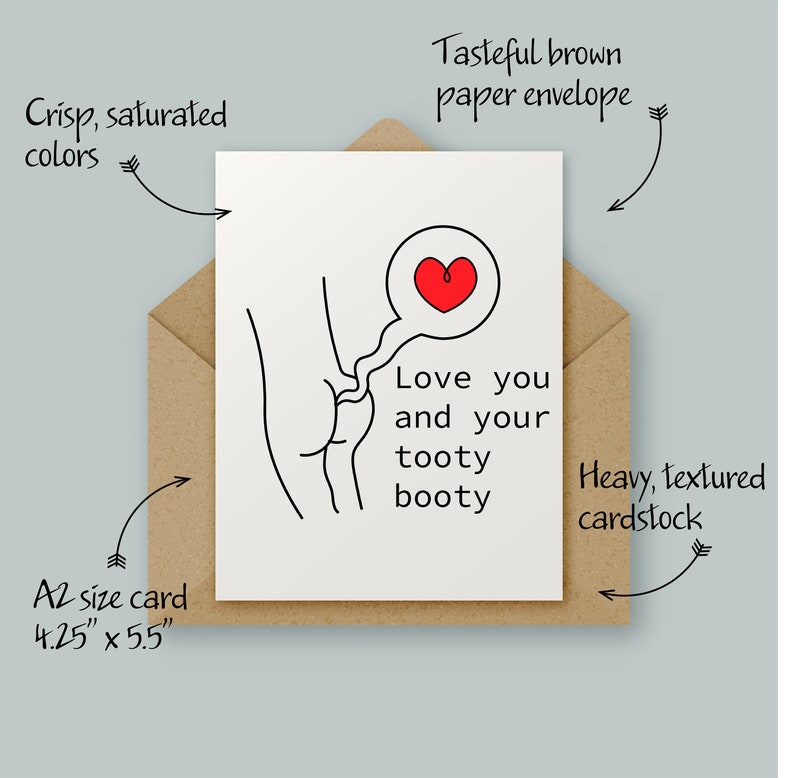 Tooty booty valentine card for him, funny romantic card for husband, anniversary card for wife, fart gift for dad, funny card for boyfriend image 2