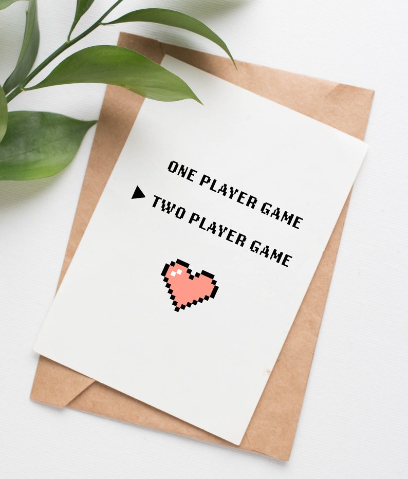 Two Player wedding card, wedding card for gamers, engagement card for friends, nerdy card for couple, video game valentines card for her image 1