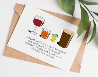 Open bar wedding card, funny wedding card for friends, humor cards for wedding, engagement card for couple, happy wedding card