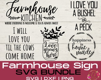 Op de afbeelding: Zwart-witte boerderijbord SVG-bundel met vier verschillende ontwerpen. De ontwerpen omvatten "Farmhouse Kitchen", "I Will Love You Til The Cows Come Home", "Love Grows Here" en "I Love You A Bushel And A Peck Happiness Is Home Made".