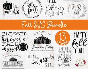 May include: A set of 13 fall-themed SVG designs featuring pumpkins, leaves, bonfires, and more. The designs include phrases like "Fall Sweet Fall", "Blessed Hot Mess & Fall Obsessed", and "Happy Fall Y'all".