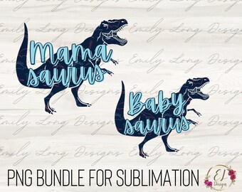 Op de afbeelding: Een digitale download van twee dinosaurus-silhouetten met de tekst "Mama Saurus" en "Baby Saurus" in blauwe letters. De dinosaurussen zijn zwart en de achtergrond is een licht houtnerf.