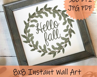 8x8 Hello Fall Printable Wall Art 300 DPI High Resolution JPG PDF Fall Watercolor Wreath Autumn Home Decor Instant Download Fall Sign