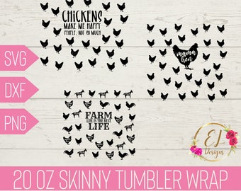 Op de afbeelding: Een 20 ounce skinny tumbler wrap-ontwerp met een zwart silhouet van kippen met de tekst "Chickens make me happy, people, not so much." Een ander ontwerp heeft een zwart silhouet van een kip met de tekst "mama hen". Het derde ontwerp heeft een zwart silhouet van kippen en boerderijdieren met de tekst "Farm, life is the best life".
