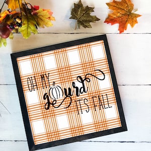 May include: A framed square sign with a black border features a white and orange plaid pattern. The sign reads "OH MY gourd IT'S FALL" in black script. Decorative fall leaves and berries are arranged around the sign.