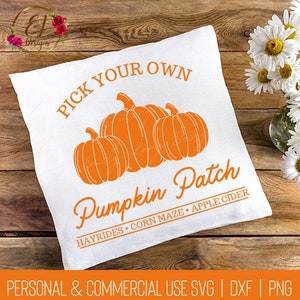 Puede incluir: Almohada blanca con el texto "PICK YOUR OWN Pumpkin Patch HAYRIDES CORN MAZE APPLE CIDER" en naranja. Tres calabazas naranjas están ilustradas en el centro de la almohada.